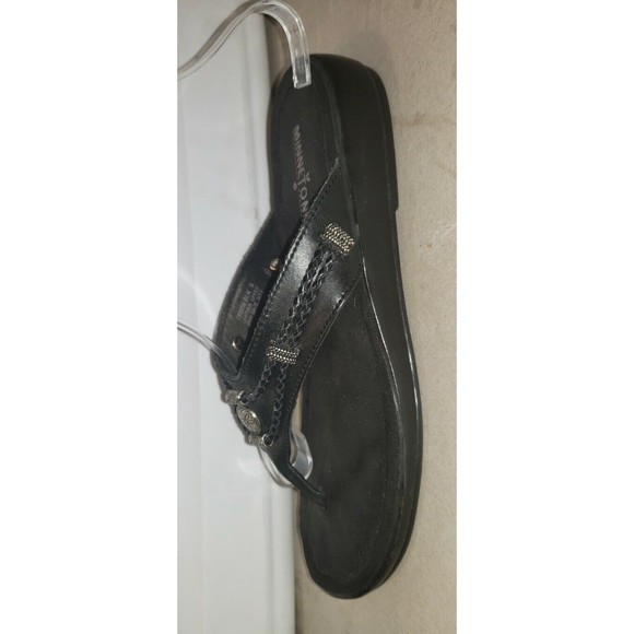 MINNETONKA Mocassins Black Leather Slide On Silverthorne Thong Sandals Size 9 - Picture 5 of 9